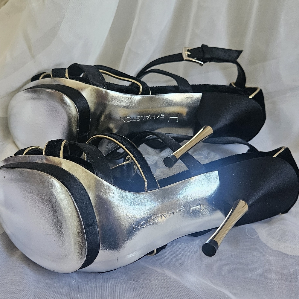 Stuart Weitzman Black Suede Strappy Heels with Gold Edge - Picture 5 of 5